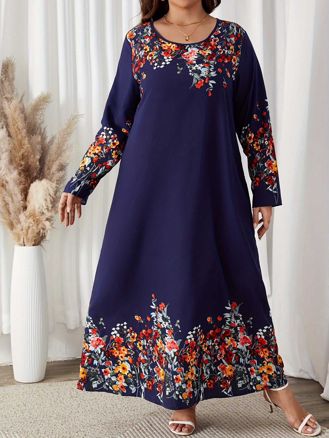  Floral Print Long Sleeve Abaya Dress
