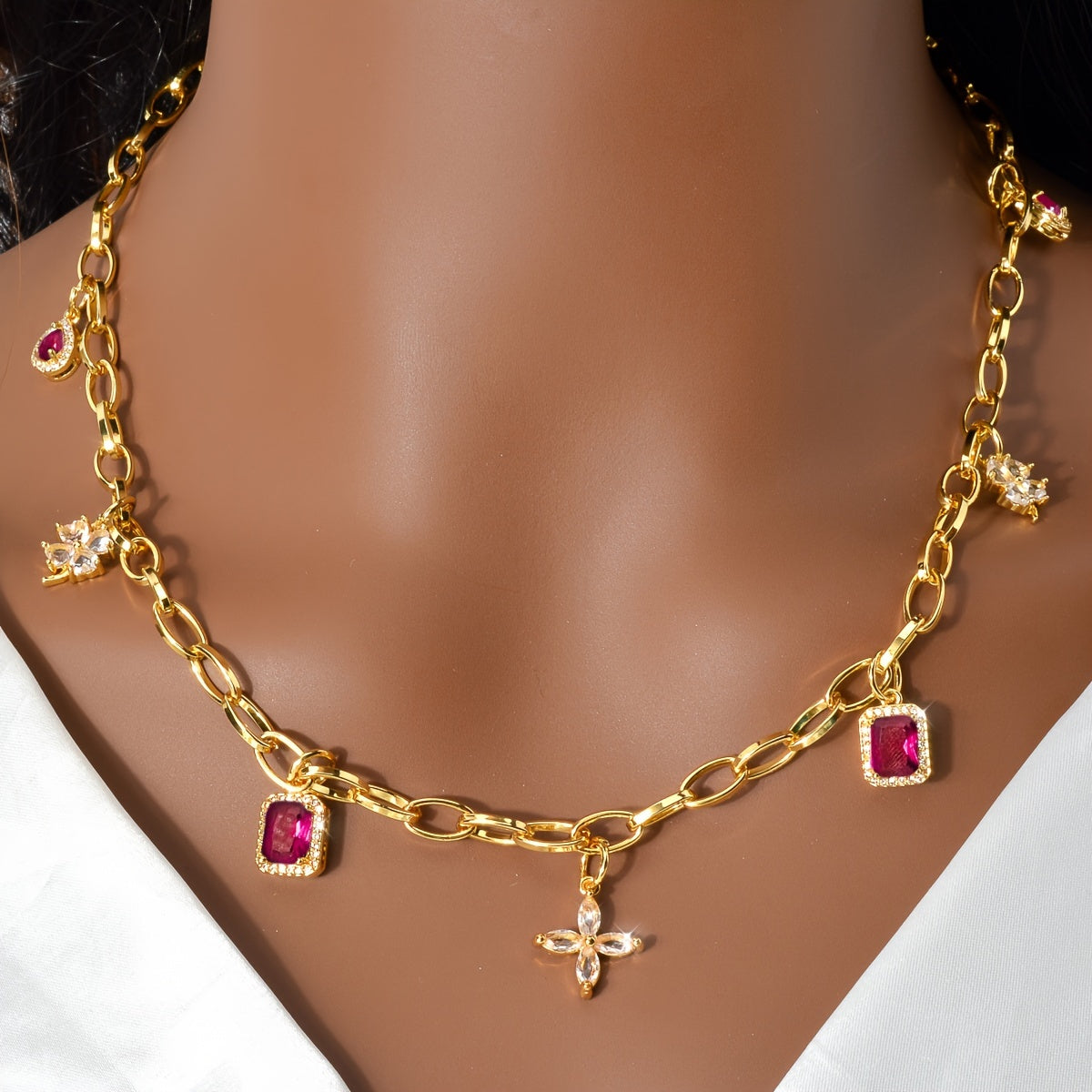 Adjustable Copper Necklace with Four Leaf Clover & Red Cubic Zirconia Pendant