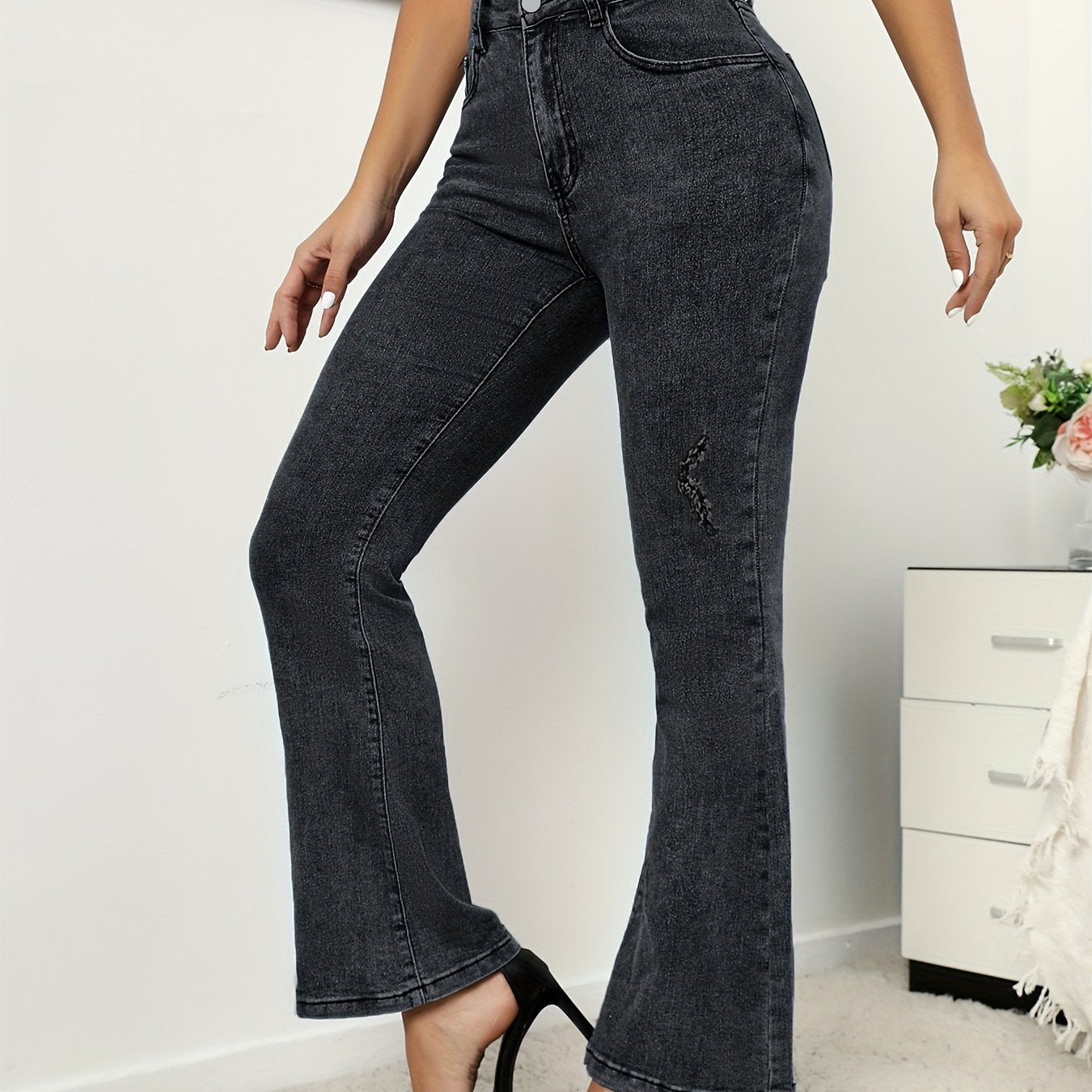 Dark Grey Flare Jeans Bell Bottom Wide Leg Ripped Denim