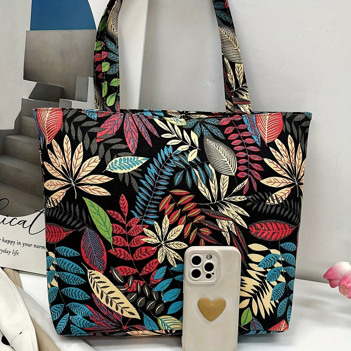 Vintage Leaves Pattern Lightweight Tote Bag All Match Handbag