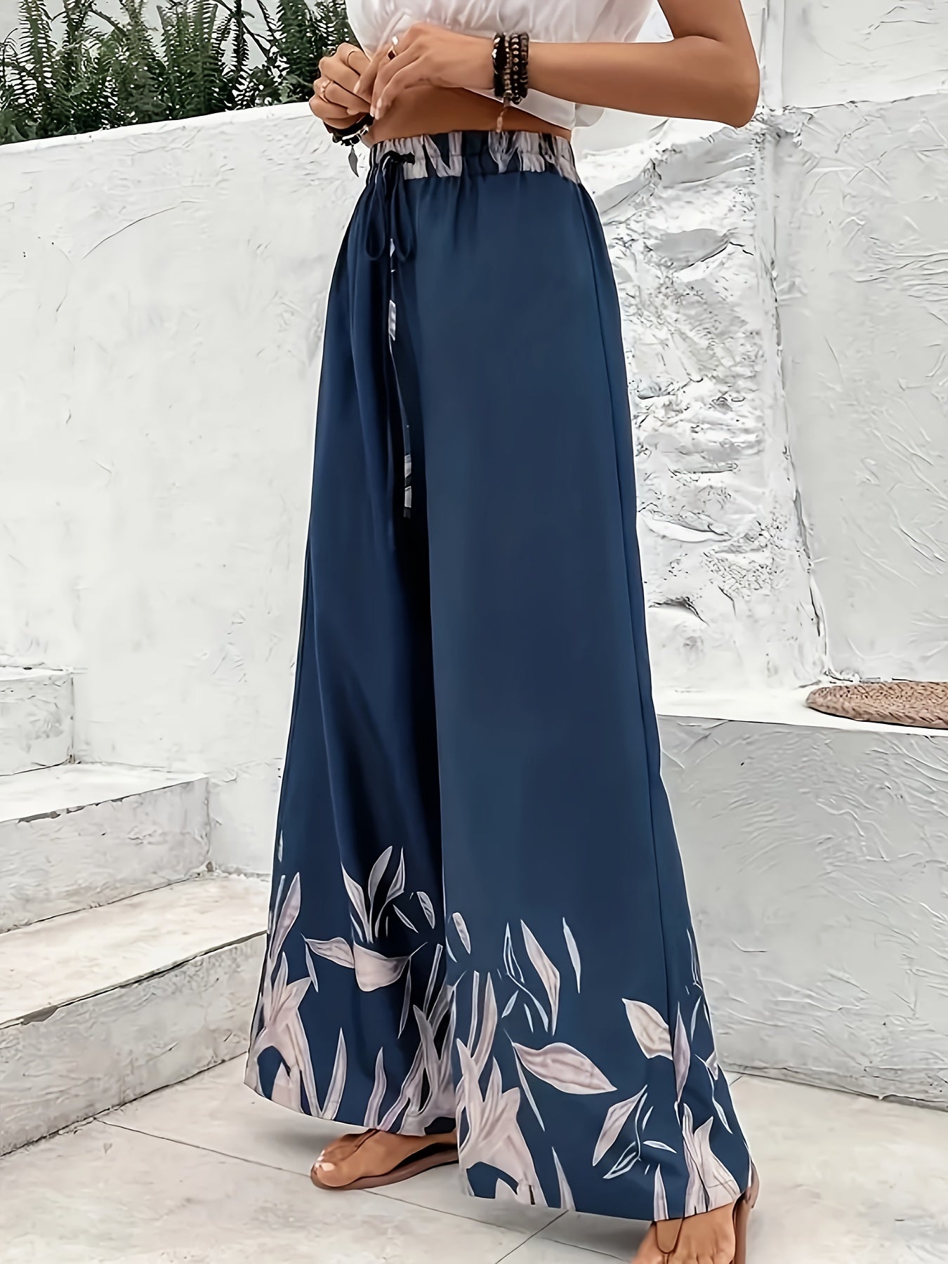 Women's Plus Floral Print Drawstring Elastic High Rise Wide Leg Trousers