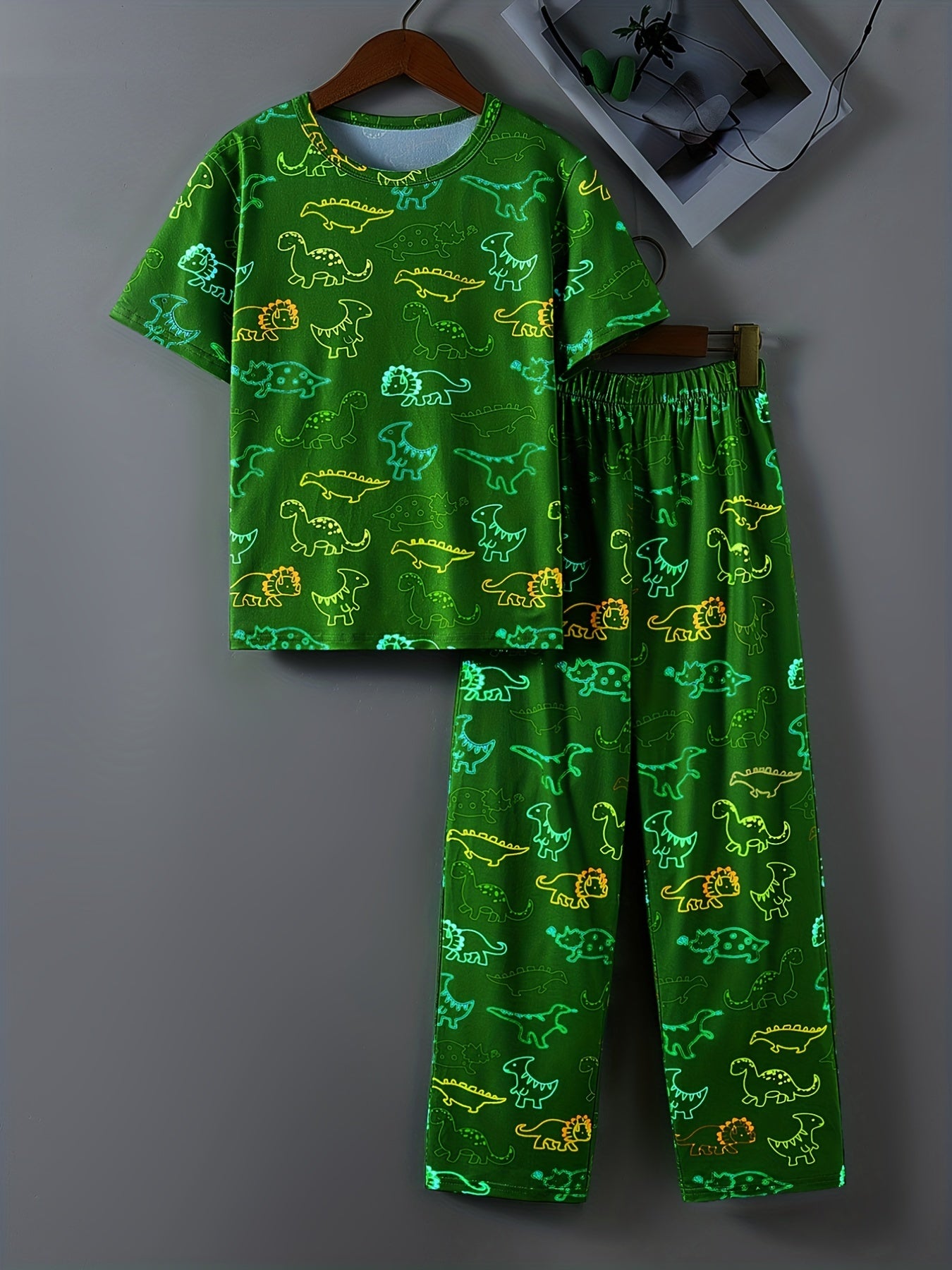 Boys Dino Print Pajama Set Short Sleeve Round Neck Elastic Waist Pants