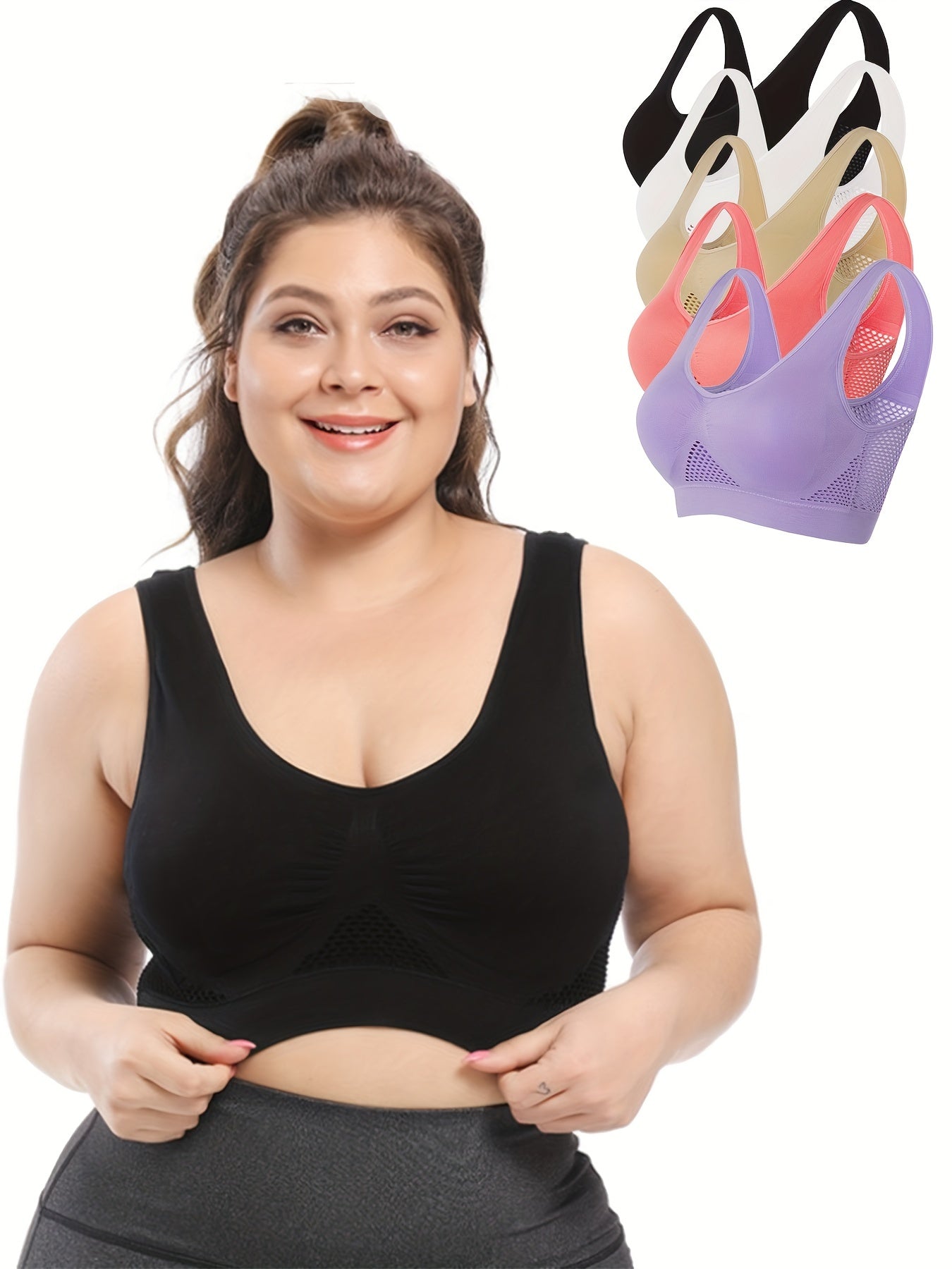 5 Pack Plus Size Sports Bra Set Women's Solid Wireless Hollow Mesh Elastic Basic