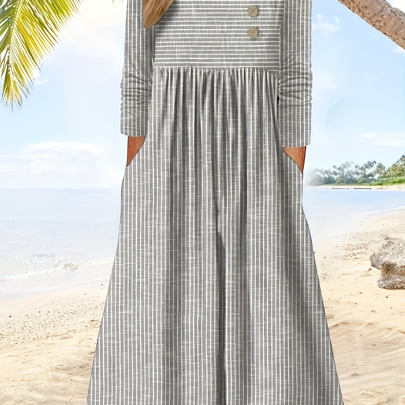  Stripe Print Button Decor Maxi Dress