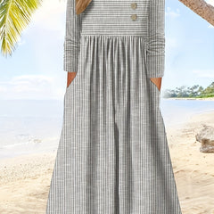  Stripe Print Button Decor Maxi Dress