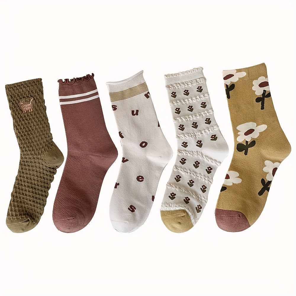 5 Pairs Floral Print Socks Women's Mid Tube Stockings & Hosiery