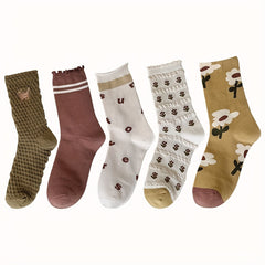 5 Pairs Floral Print Socks Women's Mid Tube Stockings & Hosiery