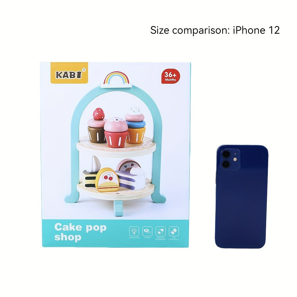 KABI Wooden Cake Pop Shop Playset Pretend Play Food Toy for Kids 3