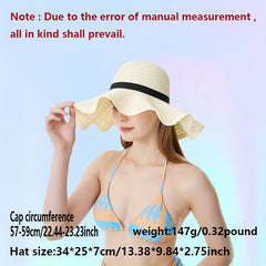 Wide Brim Sun Hat French Style Straw Ribbon Bowknot Travel Beach Hat