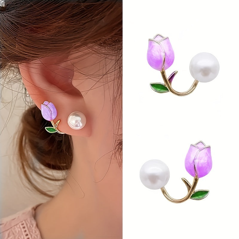 Purple Tulip Flower Pearl Stud Earrings