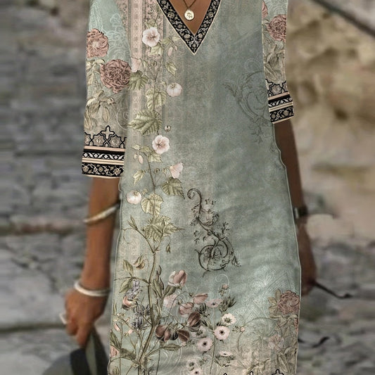  Retro Dress Women's Plus Floral Long Sleeve V Neck Dress