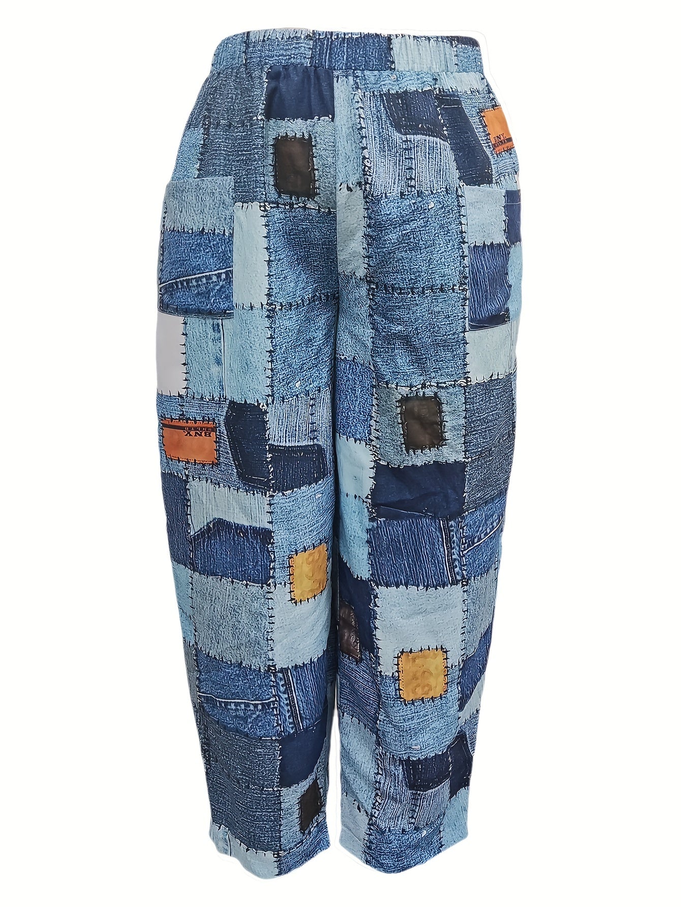  Denim Print Elastic High Rise Loose Fit Trousers