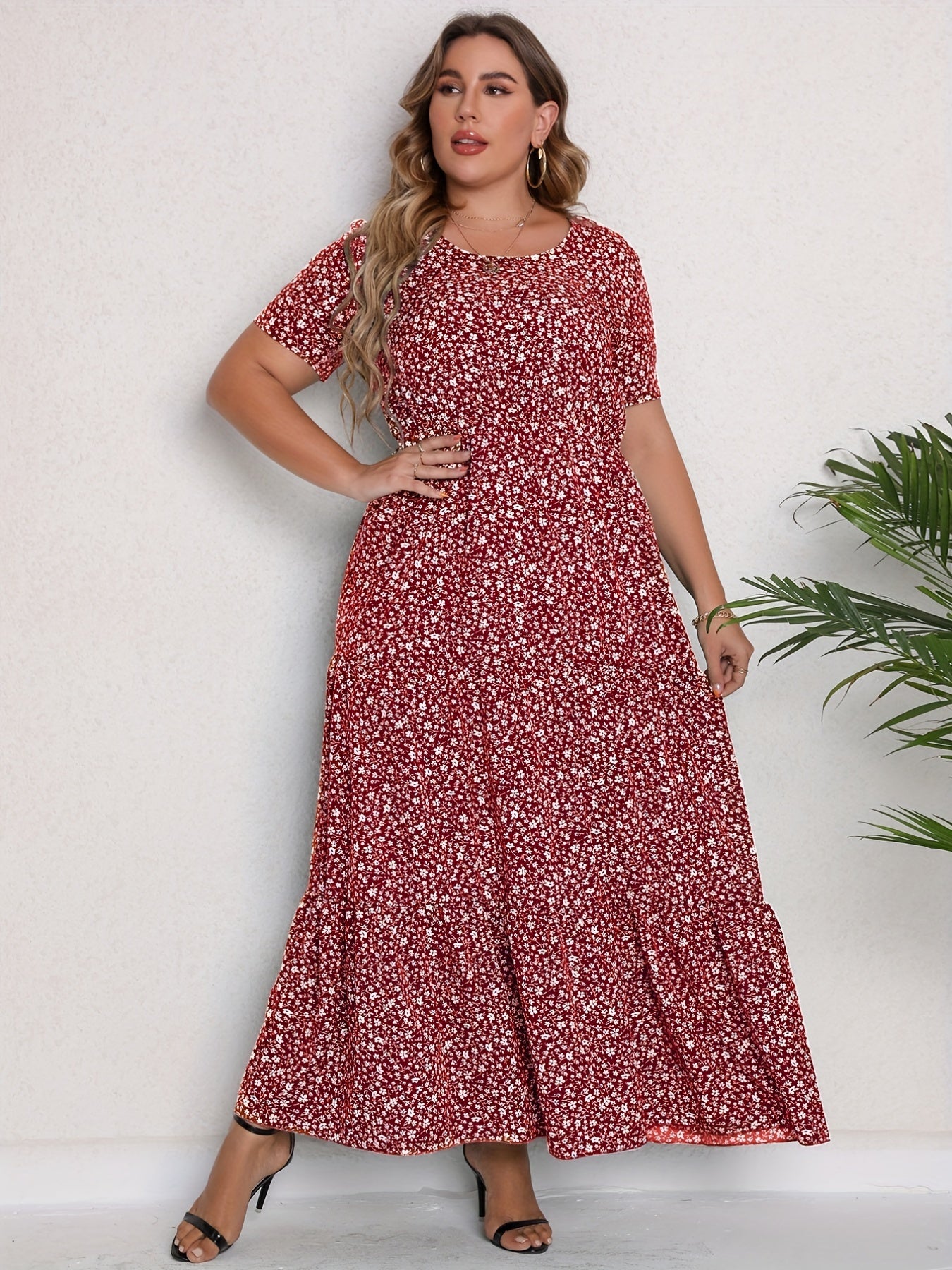  Ditsy Print Short Sleeve Maxi Dress