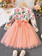 Girls Ruffled Sleeves Crew Neck Bow Floral Tulle Tutu Princess Dress