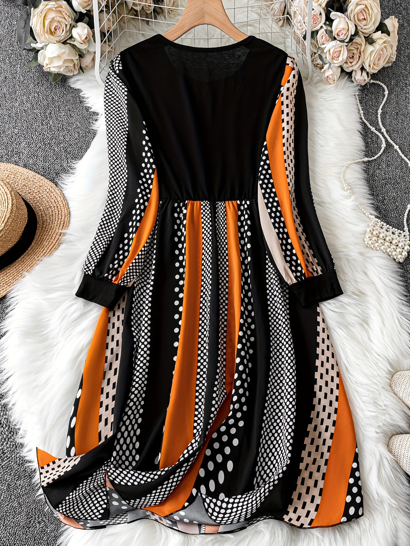  Colorblock Polka Dot Print Long Sleeve Round Neck Dress