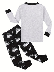 Boys' Train Print Pajama Set Cotton Long Sleeve Top & Pants