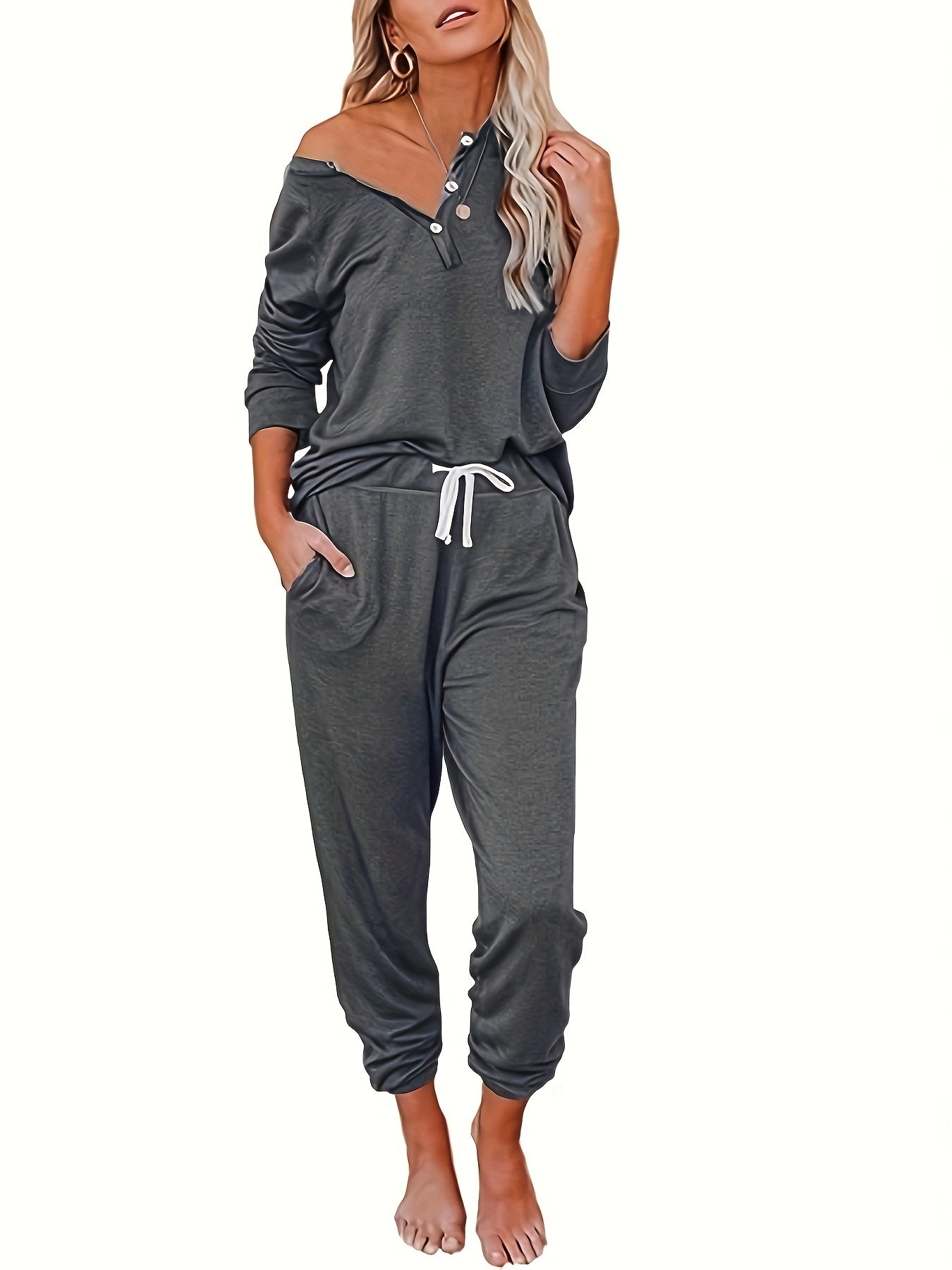  Women's Solid Button Top & Drawstring Pocketed Pants Set