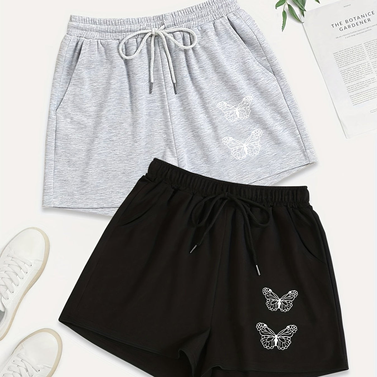 2 Pack Plus Size Casual Shorts Women's Plus Butterfly Print Drawstring Shorts