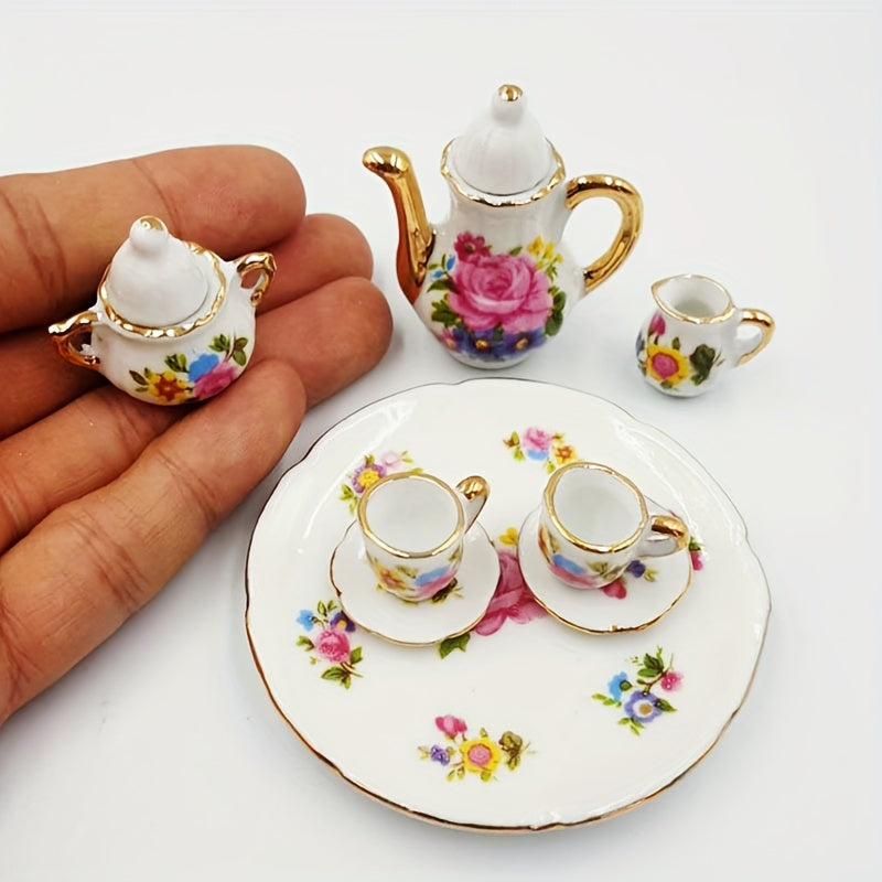 Floral Tea Set for Dolls - Teapot, Cups, Saucers, Tray - Flower Patterns