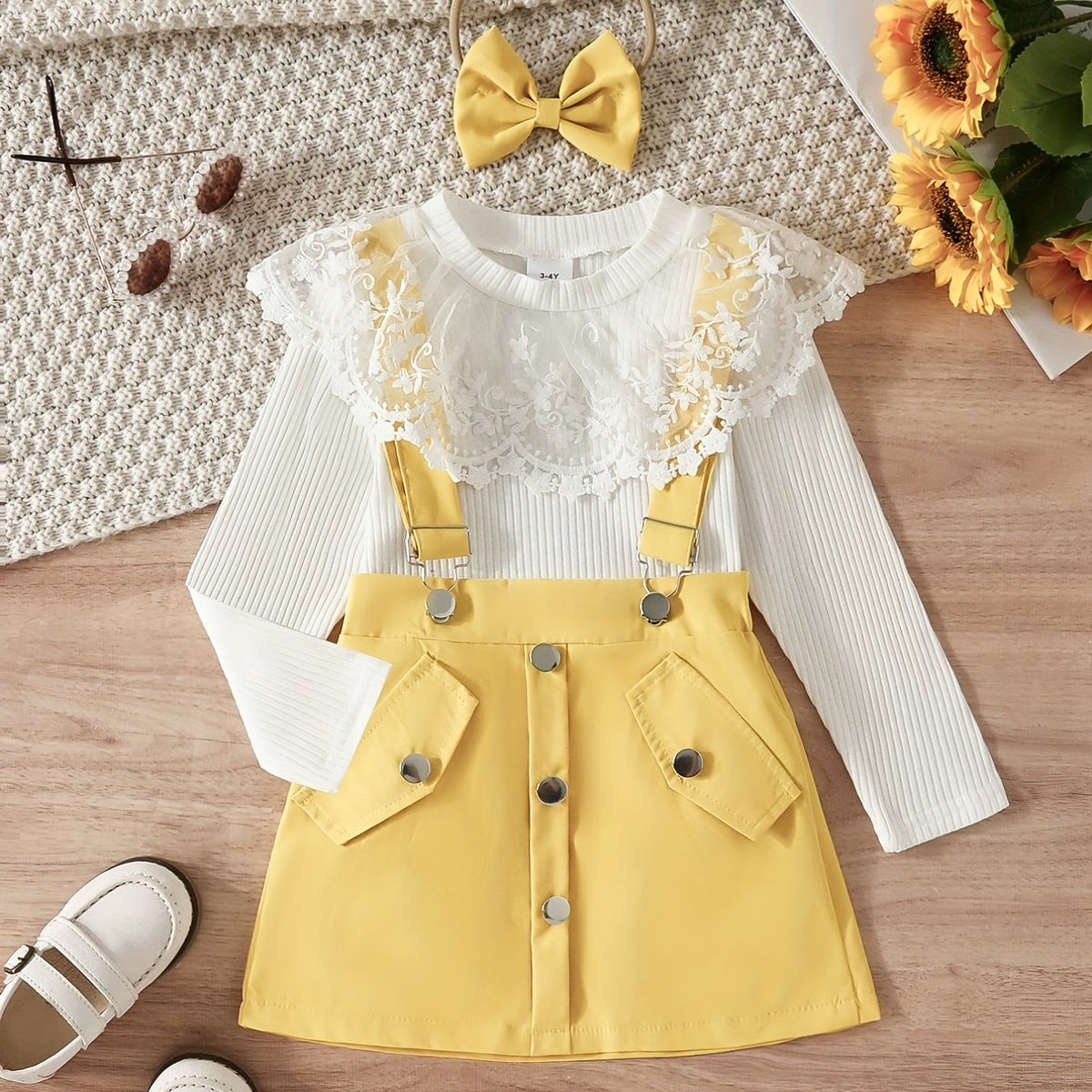 Girl's Top & Jumpsuit Set Lace Ribbed Skirt Casual Outfits Kids Clothes