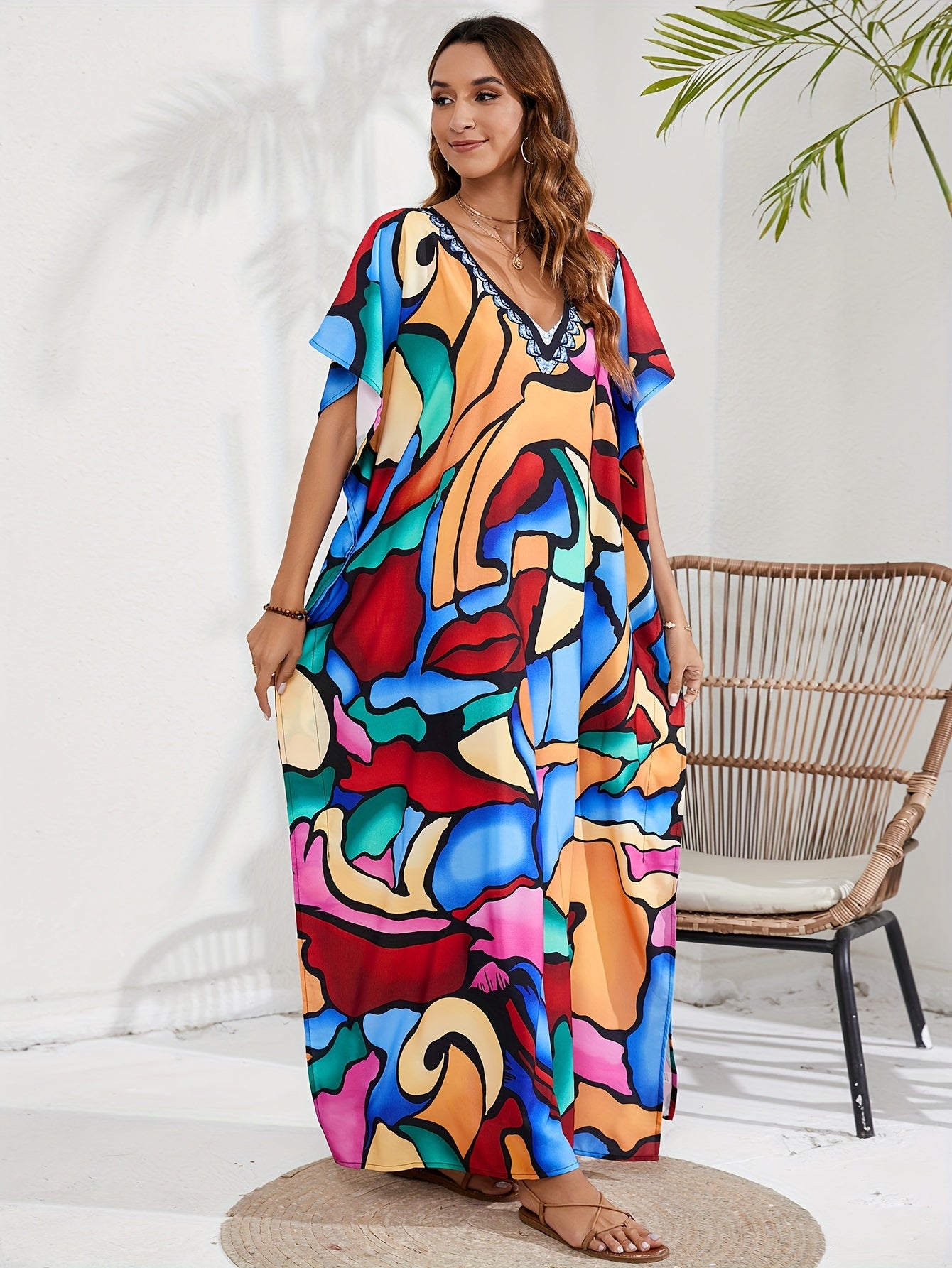  Abstract Face Print Cover Up Batwing Sleeve V Neck Beach Dress