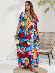  Abstract Face Print Cover Up Batwing Sleeve V Neck Beach Dress