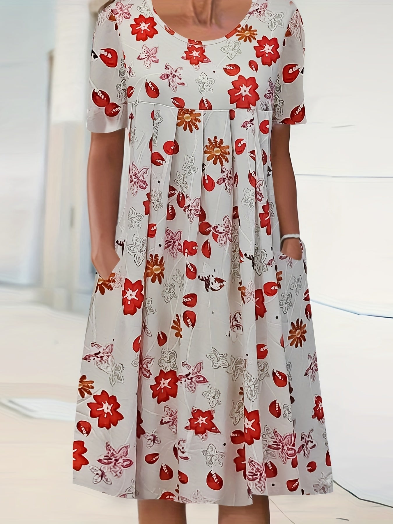 Floral Print Short Sleeve Plus Size Casual Dress with Pockets