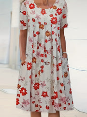 Floral Print Short Sleeve Plus Size Casual Dress with Pockets