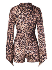 Leopard Print Flared Sleeve Jumpsuit V Neck Spring & Summer Women's Clothing