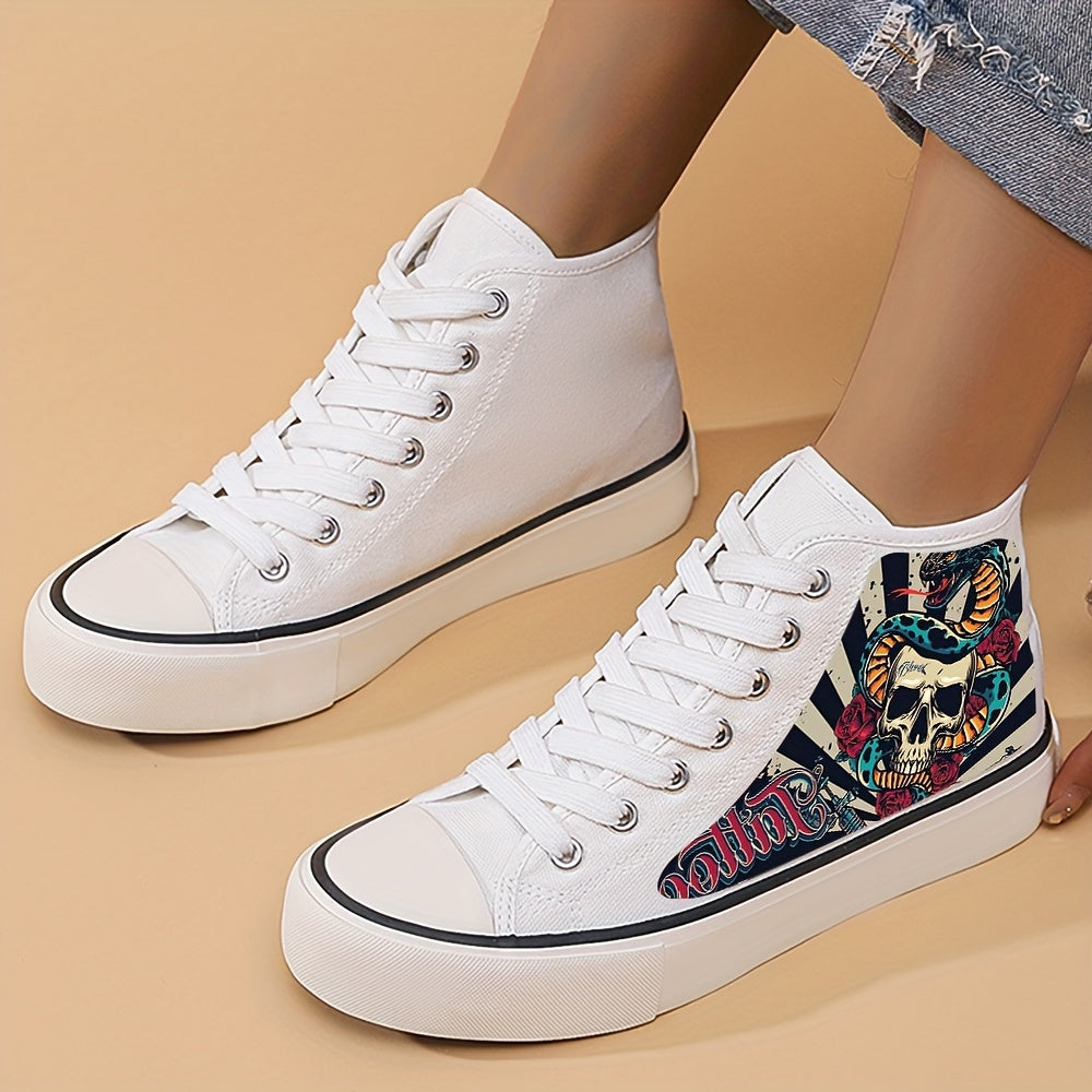 Horror Skull & Snake Pattern High Top Canvas Sneakers