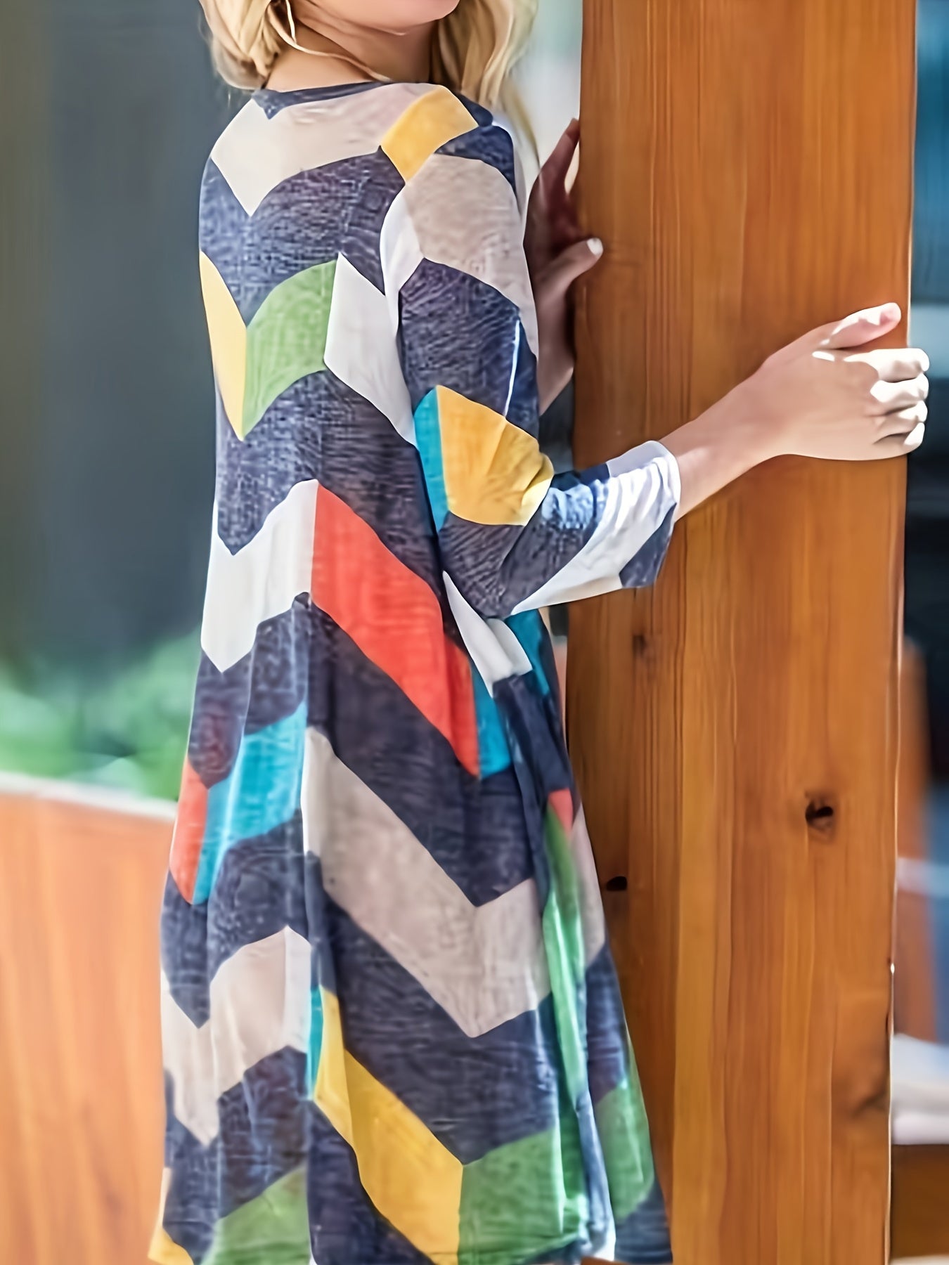 Plus Size Colorblock Stripe Print Long Sleeve Round Neck Casual Dress