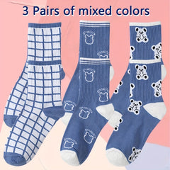 3 Pairs Bear & Plaid Print Socks Comfy & Mid Tube Socks Women's Stockings
