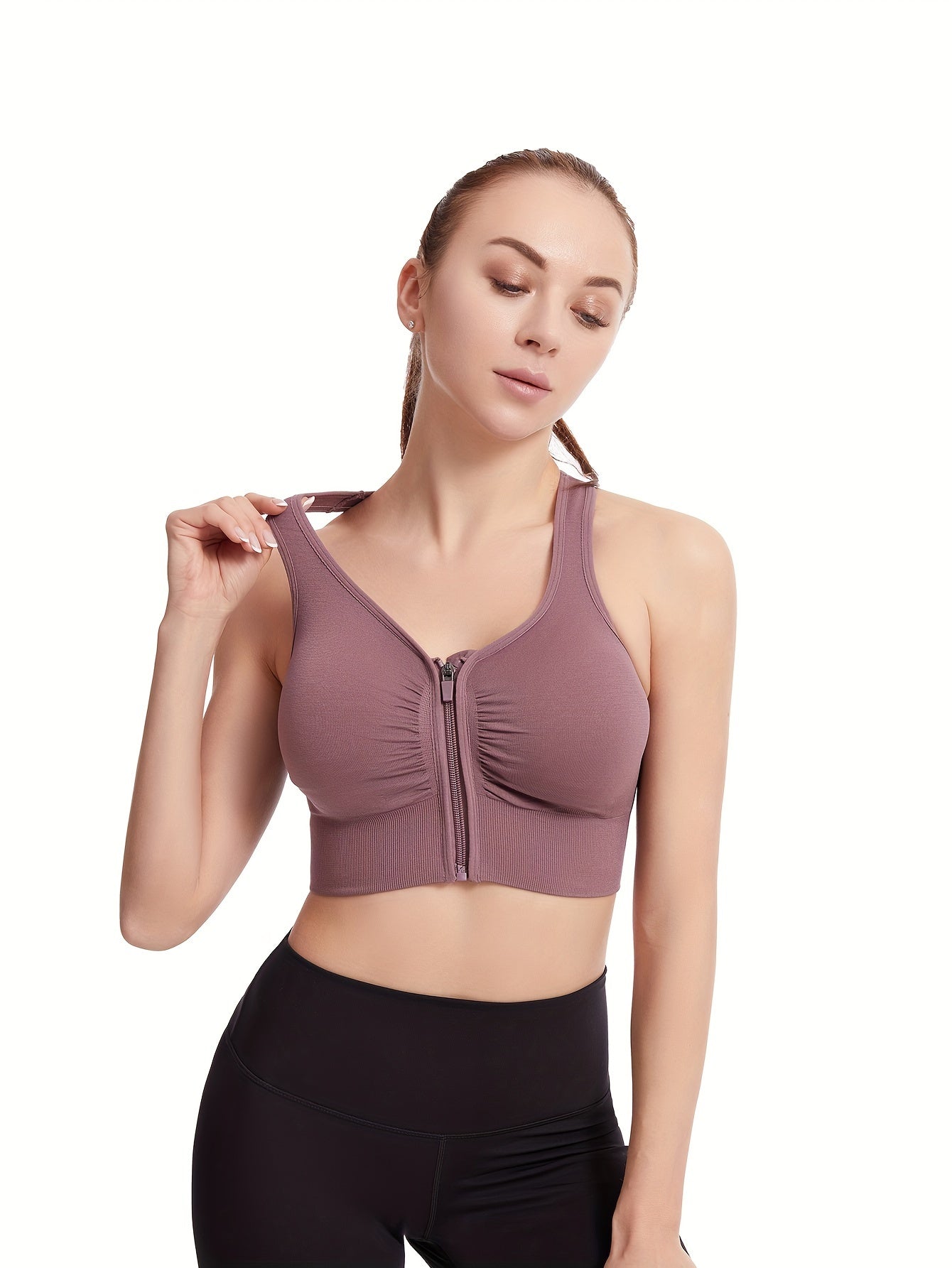  Women's Zipper Front Sports Bra Racer Back Fitness Bra