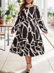 Plus Size Abstract Stripe Print Long Sleeve A Line Maxi Dress