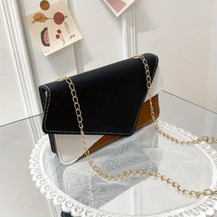 Colorblock Square Shoulder Bag with Flap Chain, Women's Work Purse