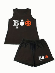  Halloween Loungewear Set Ghost & Pumpkin Print Tank Top & Shorts Pajam