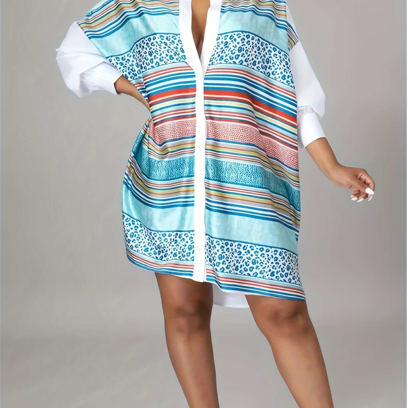  Colorblock Stripe & Leopard Print Button Up Shirt Dress