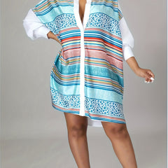 Colorblock Stripe & Leopard Print Button Up Shirt Dress