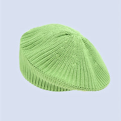 Green Knitted Beret Label Patch Beanie Casual British Style Artist Hat Warm