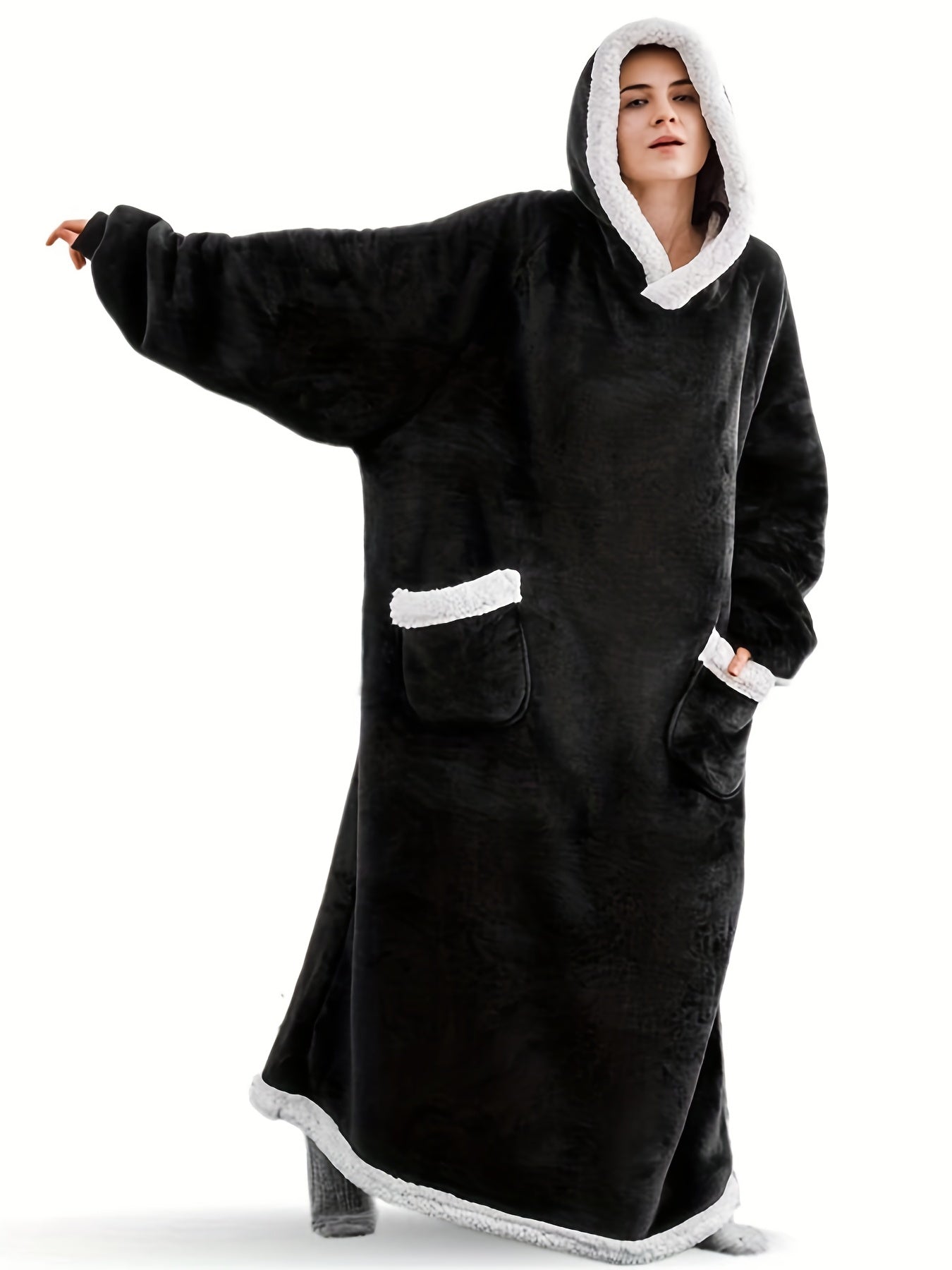  Hooded Fleece Blanket Robe Women's Long Sleeve Flannel Loungewear