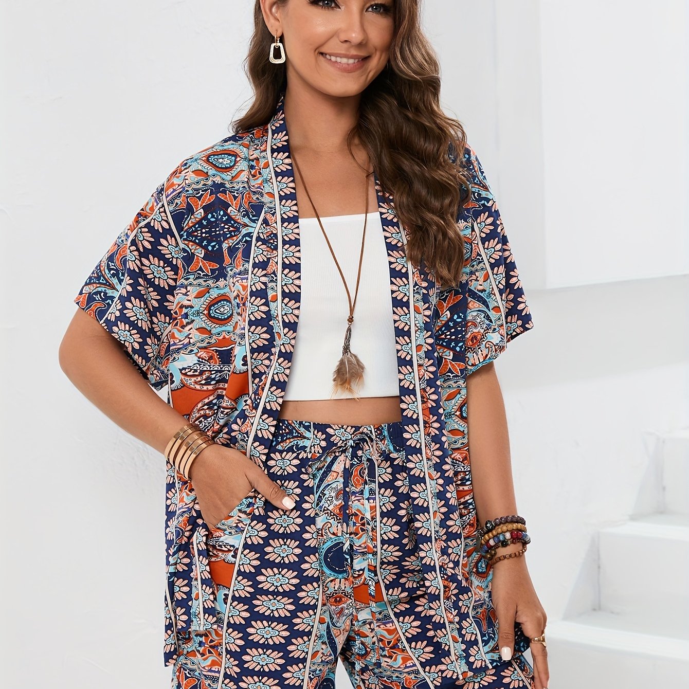 Cachemire Print Kimono & Shorts Set