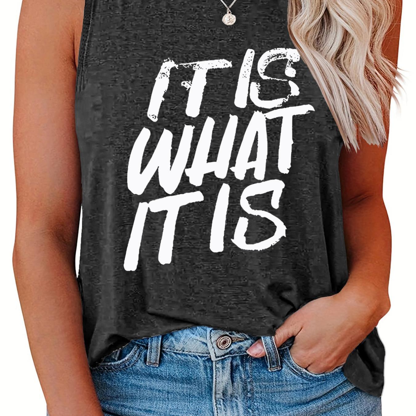  Slogan Print Tank Top Round Neck Stretch Casual Wear