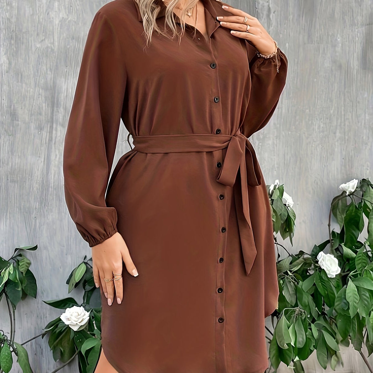  Solid Long Sleeve Button Up Shirt Dress