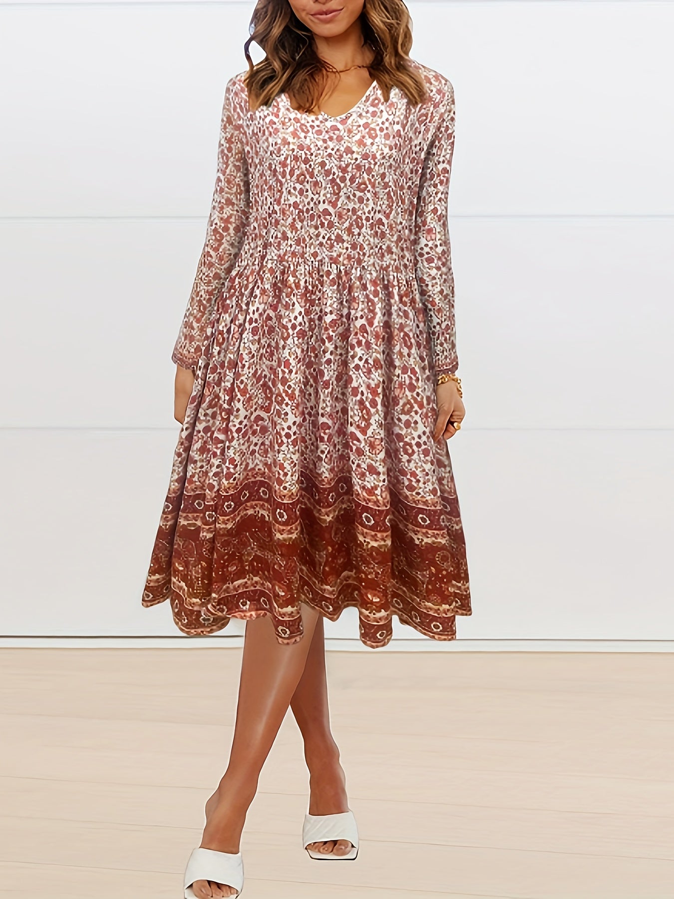  Ditsy Floral Print Long Sleeve V Neck Dress