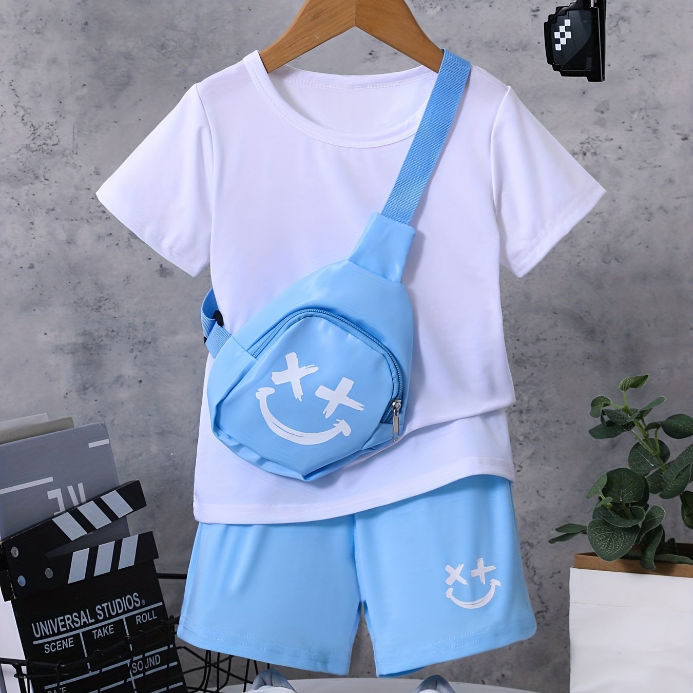3pcs Boys Happy Face Print T shirt & Shorts & Bag Summer Clothes Sets
