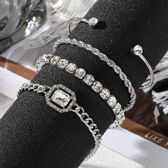 4pcs Chain Square Rhinestone Bracelet Set for Women Girls