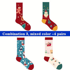 4 Pairs Cartoon Print Socks Christmas Mid Tube Stockings Women's Hosiery