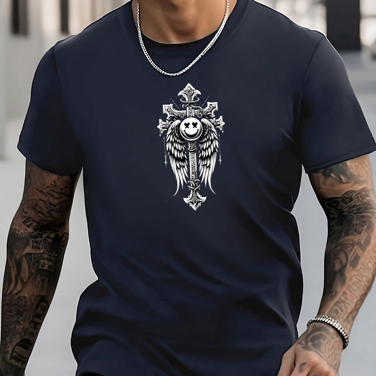 Men's Cross Pattern Shirt Casual Crew Neck Short Sleeve Tee Top