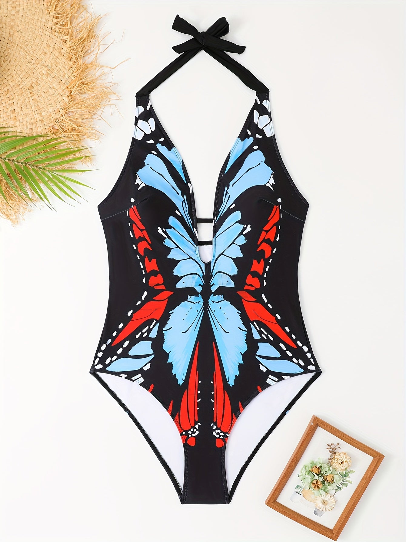  Butterfly Print Halter One Piece Swimsuit