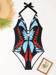  Butterfly Print Halter One Piece Swimsuit